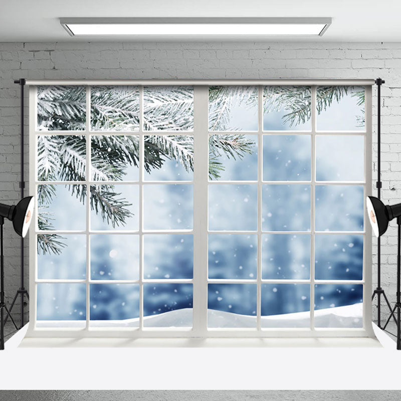 Aperturee - Aperturee Blurry Snowy Pine Branches Window Scene Backdrop