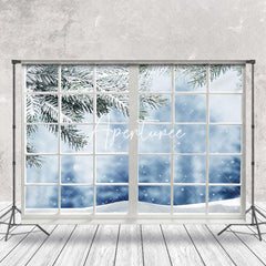 Aperturee - Aperturee Blurry Snowy Pine Branches Window Scene Backdrop