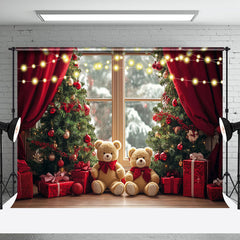 Aperturee - Aperturee Blurry Window Red Curtain Bear Christmas Backdrop