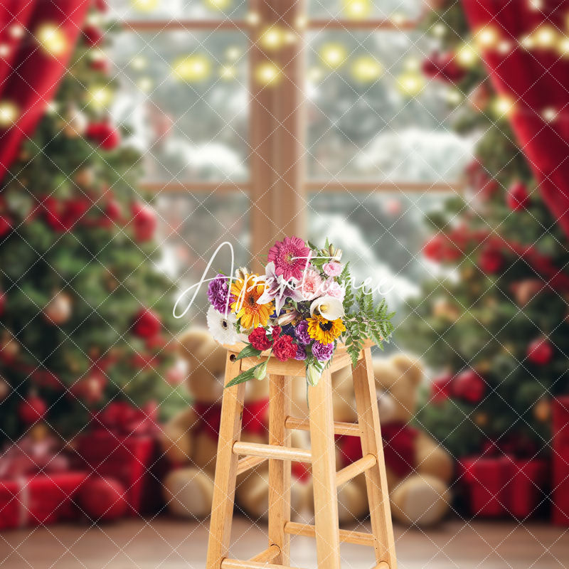 Aperturee - Aperturee Blurry Window Red Curtain Bear Christmas Backdrop