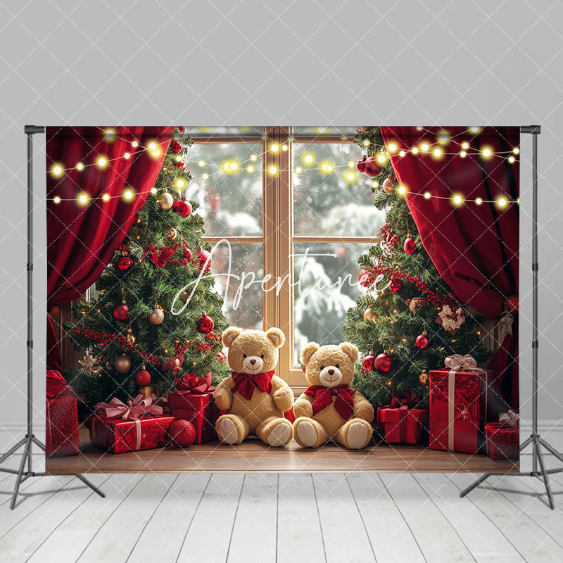 Aperturee - Aperturee Blurry Window Red Curtain Bear Christmas Backdrop