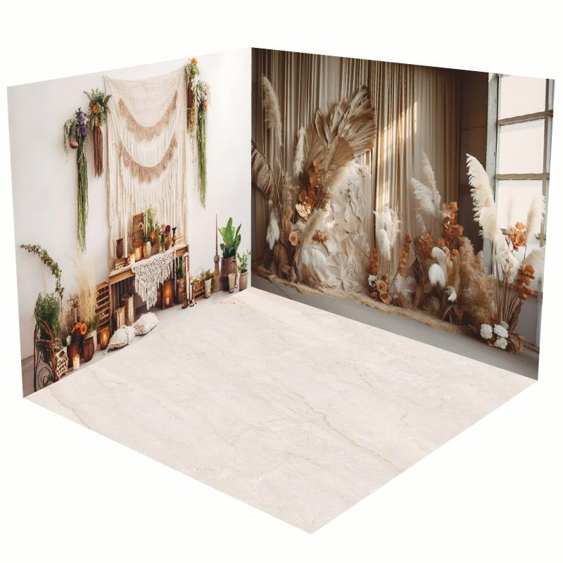 Aperturee - Aperturee Boho Beige White Reed Wedding Room Set Backdrop