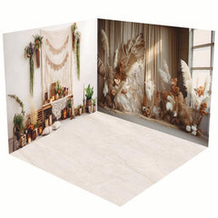 Aperturee - Aperturee Boho Beige White Reed Wedding Room Set Backdrop