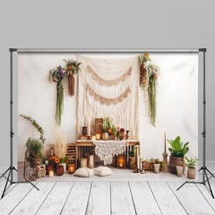 Aperturee - Aperturee Boho Beige White Reed Wedding Room Set Backdrop