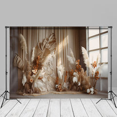 Aperturee - Aperturee Boho Beige White Reed Wedding Room Set Backdrop