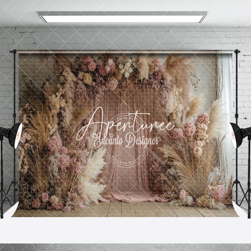 Aperturee - Aperturee Boho Colorful Floral Pink Curtain Wedding Backdrop