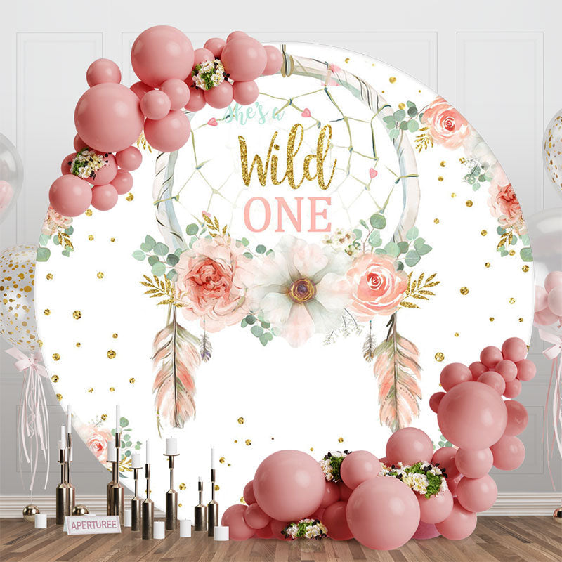 Aperturee - Aperturee Boho Feather Floral Wild One Round Birthday Backdrop