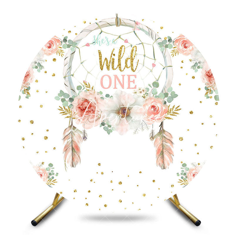 Aperturee - Aperturee Boho Feather Floral Wild One Round Birthday Backdrop