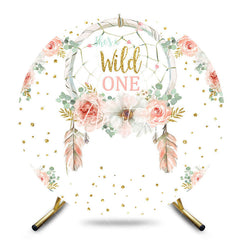 Aperturee - Aperturee Boho Feather Floral Wild One Round Birthday Backdrop