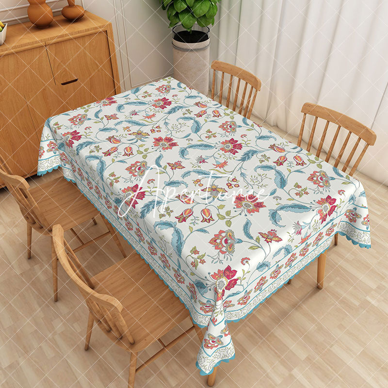 Aperturee - Aperturee Boho Floral Blue Blooming Rectangle Tablecloth