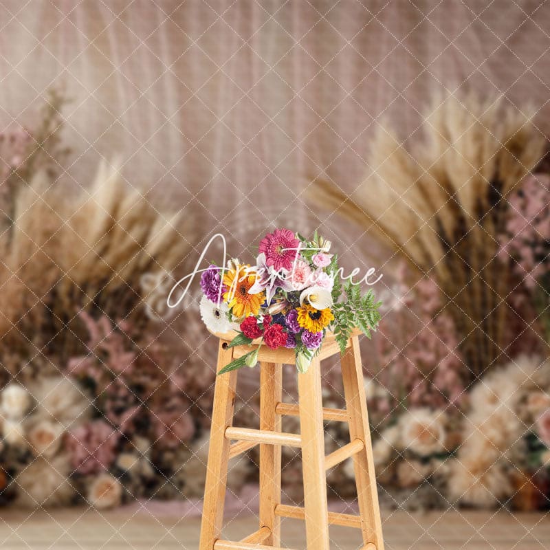 Aperturee - Aperturee Boho Floral Hay Pink Curtain Wedding Photo Backdrop