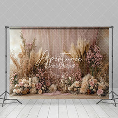 Aperturee - Aperturee Boho Floral Hay Pink Curtain Wedding Photo Backdrop