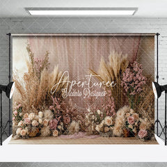 Aperturee - Aperturee Boho Floral Hay Pink Curtain Wedding Photo Backdrop