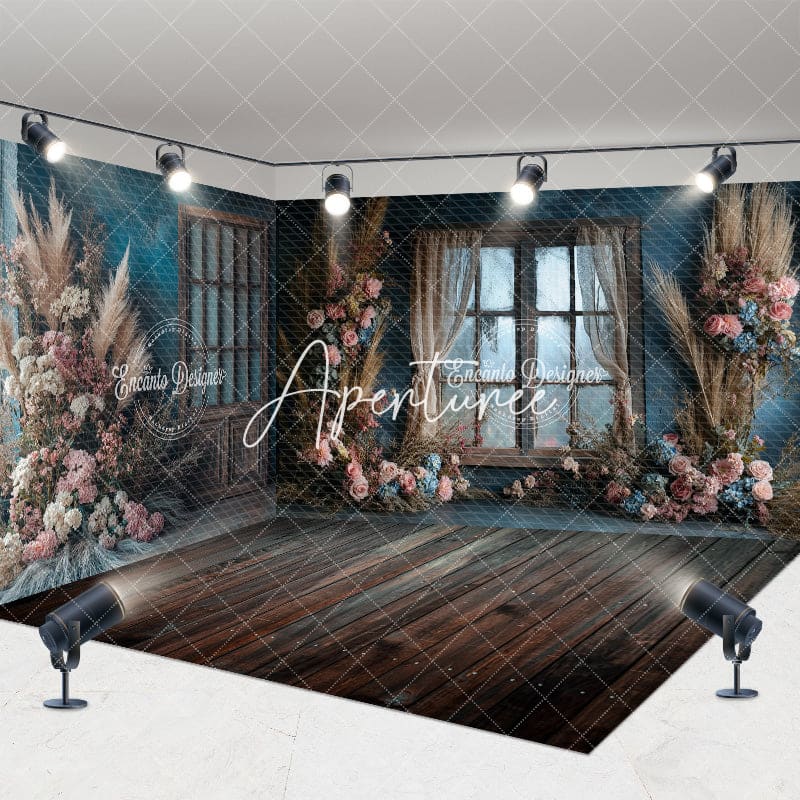 Aperturee - Aperturee Boho Floral Retro Blue Wall Window Room Set Backdrop