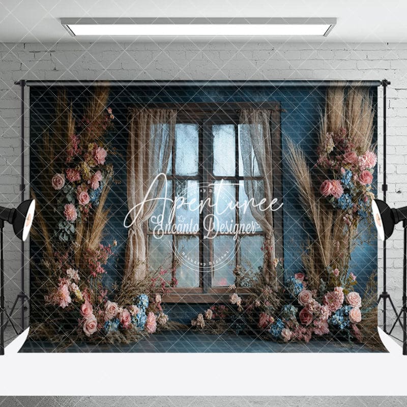 Aperturee - Aperturee Boho Floral Retro Blue Wall Window Room Set Backdrop