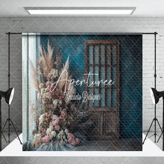 Aperturee - Aperturee Boho Floral Retro Blue Wall Window Room Set Backdrop