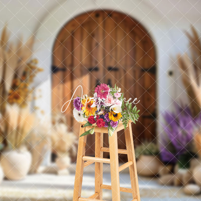 Aperturee - Aperturee Boho Floral Vase Retro Brown Door Wedding Backdrop