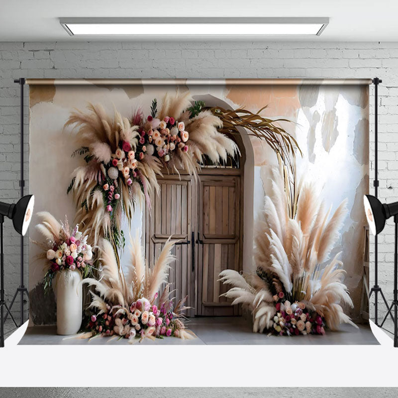 Aperturee - Aperturee Boho Hay Floral Retro Wooden Door Photo Backdrop