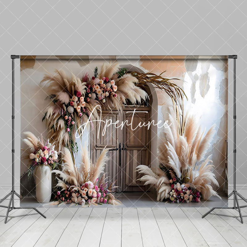 Aperturee - Aperturee Boho Hay Floral Retro Wooden Door Photo Backdrop