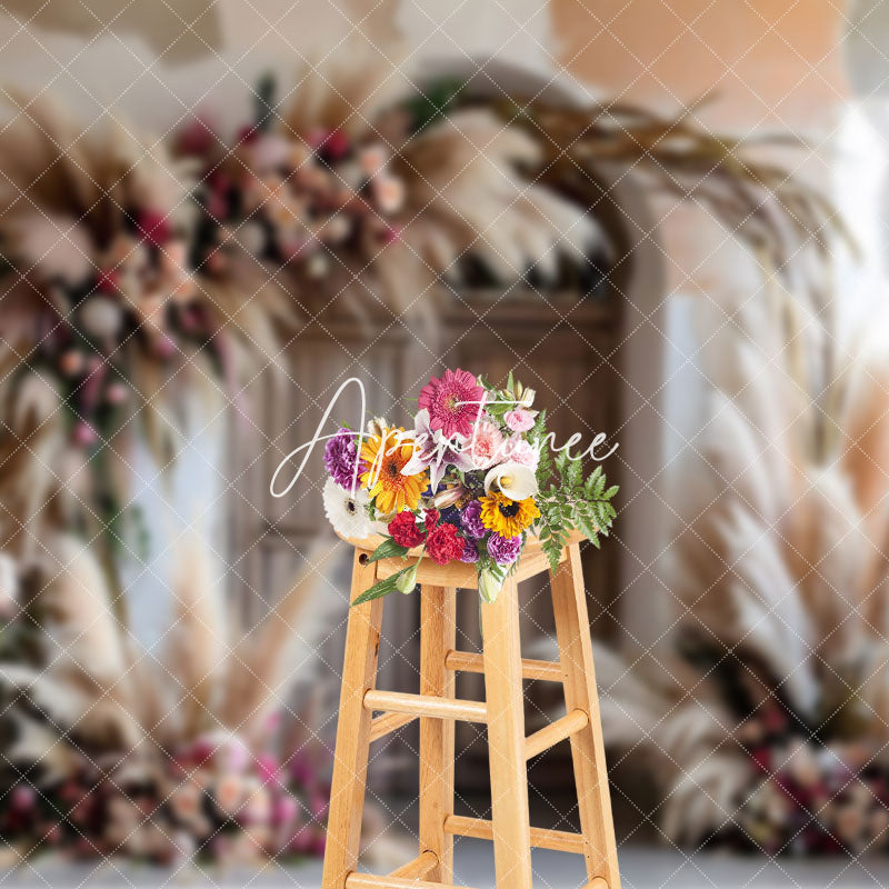 Aperturee - Aperturee Boho Hay Floral Retro Wooden Door Photo Backdrop