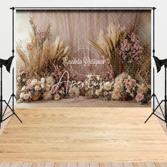 Aperturee - Aperturee Boho Pink Floral Curtain Wood Floor Combo Set Backdrop