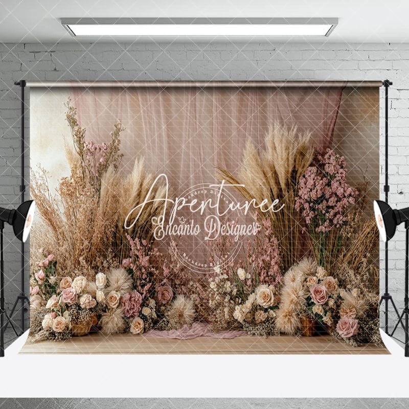 Aperturee - Aperturee Boho Pink Floral Curtain Wood Floor Combo Set Backdrop