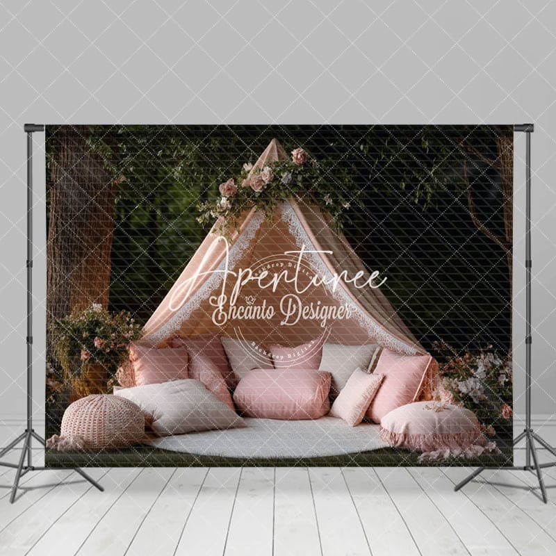 Aperturee - Aperturee Boho Pink Tent Forest Photography Backdrop For Studio