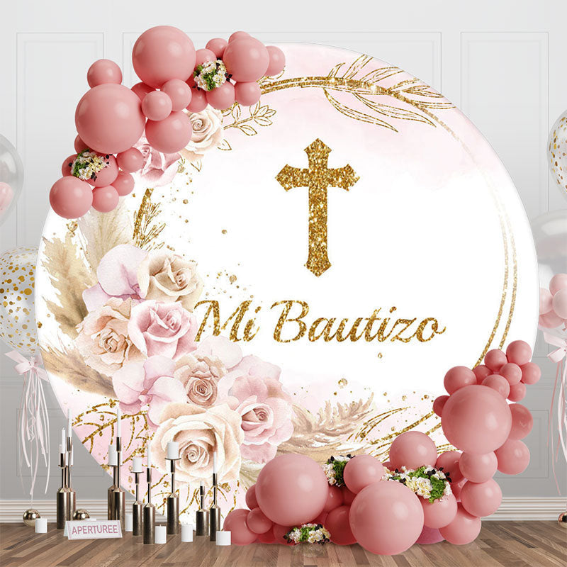 Aperturee - Aperturee Boho Pink White Floral Cross Round Baptism Backdrop