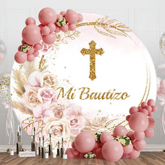 Aperturee - Aperturee Boho Pink White Floral Cross Round Baptism Backdrop