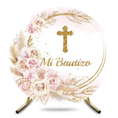 Aperturee - Aperturee Boho Pink White Floral Cross Round Baptism Backdrop