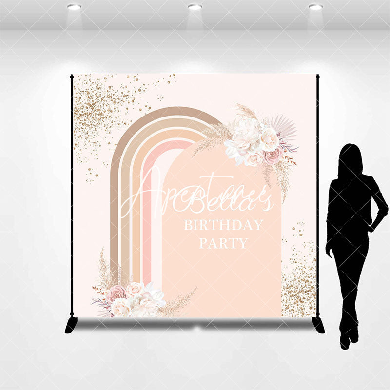 Aperturee - Aperturee Boho Rainbow Arch Floral Custom Name Birthday Backdrop