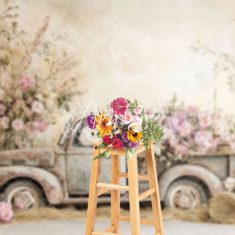 Aperturee - Aperturee Boho Spring Truck Floral Art Backdrop For Photography