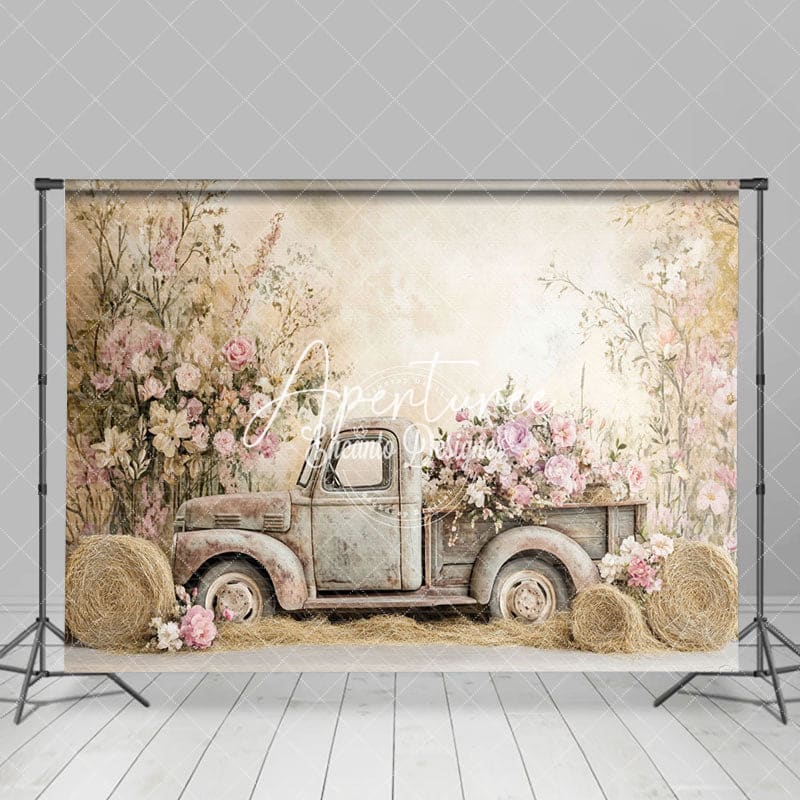 Aperturee - Aperturee Boho Spring Truck Floral Art Backdrop For Photography