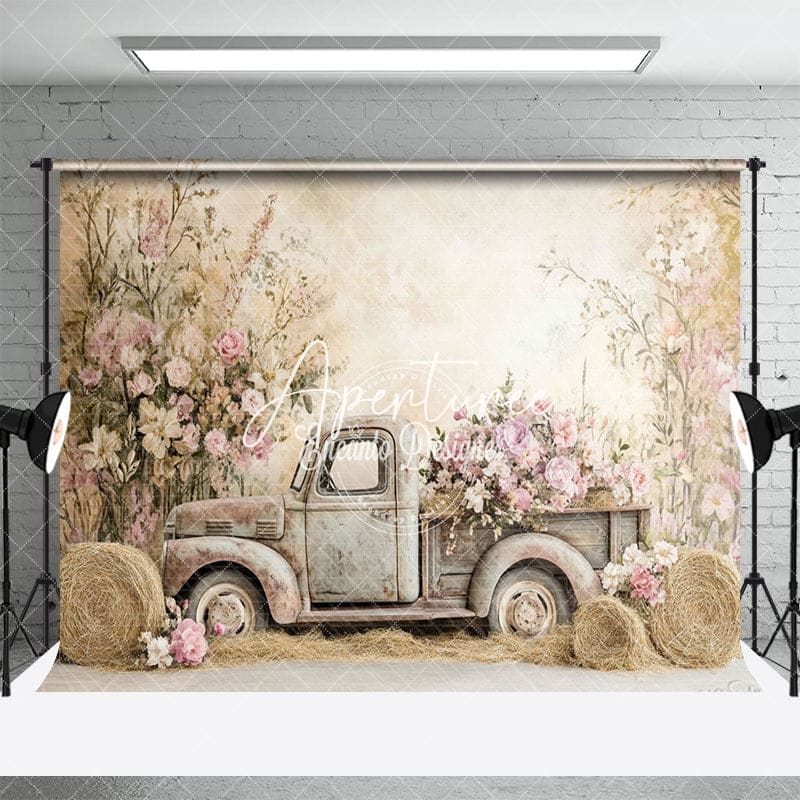 Aperturee - Aperturee Boho Spring Truck Floral Art Backdrop For Photography