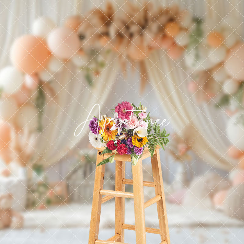 Aperturee - Aperturee Boho Tent Hay Balloons Arch Bear Cake Smash Backdrop