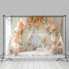 Aperturee - Aperturee Boho Tent Hay Balloons Arch Bear Cake Smash Backdrop