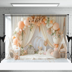 Aperturee - Aperturee Boho Tent Hay Balloons Arch Bear Cake Smash Backdrop