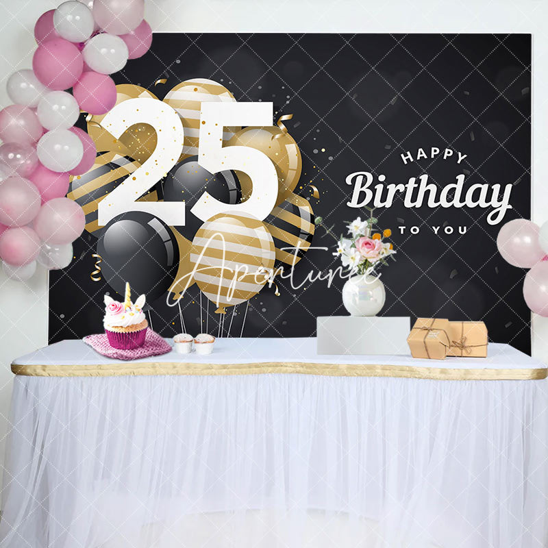 Aperturee - Aperturee Bokeh Balloons Black Happy 25th Birthday Backdrop