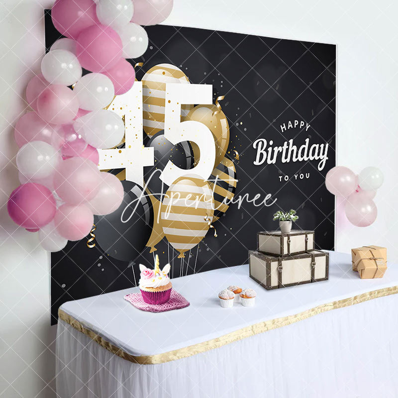 Aperturee - Aperturee Bokeh Balloons Black Happy 45th Birthday Backdrop