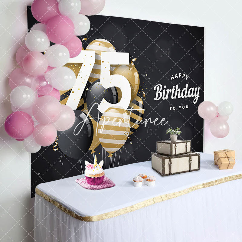 Aperturee - Aperturee Bokeh Balloons Black Happy 75th Birthday Backdrop