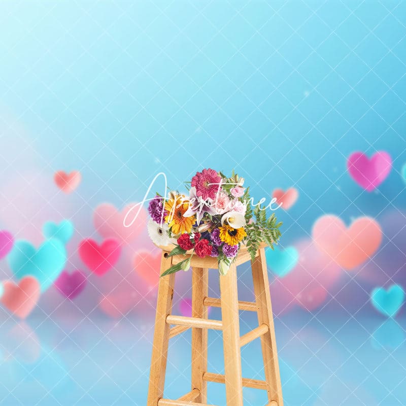 Aperturee - Aperturee Bokeh Color Hearts Blue Valentines Day Photo Backdrop