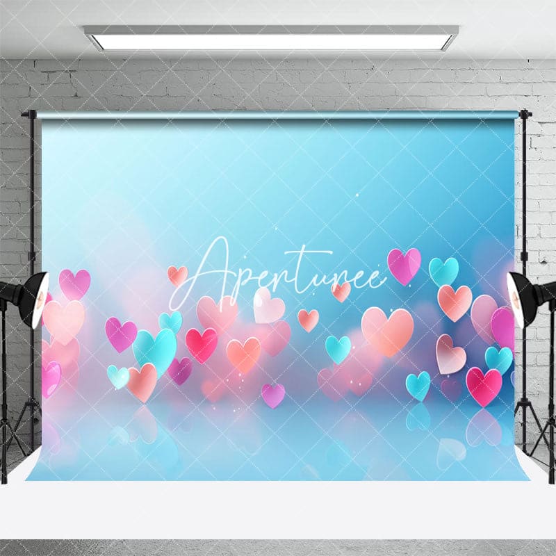 Aperturee - Aperturee Bokeh Color Hearts Blue Valentines Day Photo Backdrop