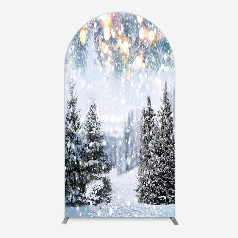 Aperturee - Aperturee Bokeh Light Snowy Pine Trees Christmas Arch Backdrop