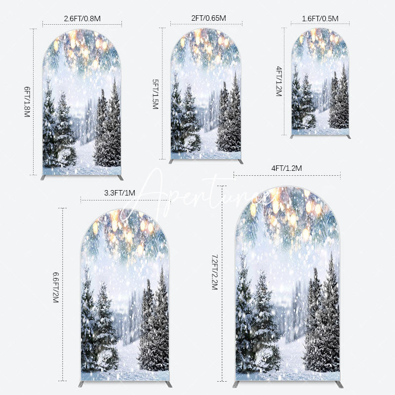 Aperturee - Aperturee Bokeh Light Snowy Pine Trees Christmas Arch Backdrop