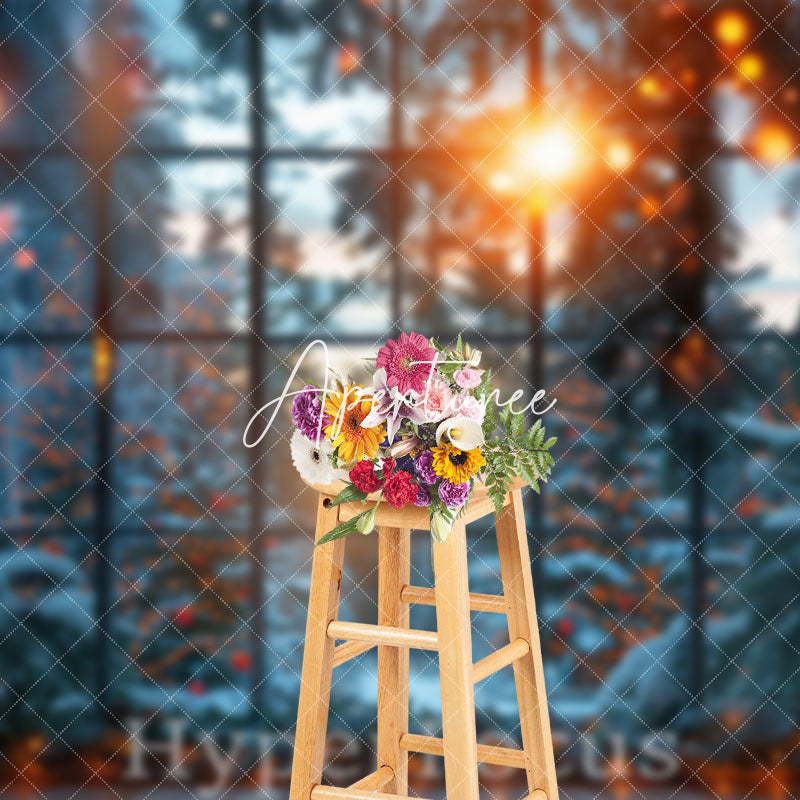 Aperturee - Aperturee Bokeh Light Snowy Winter Window Scenery Backdrop