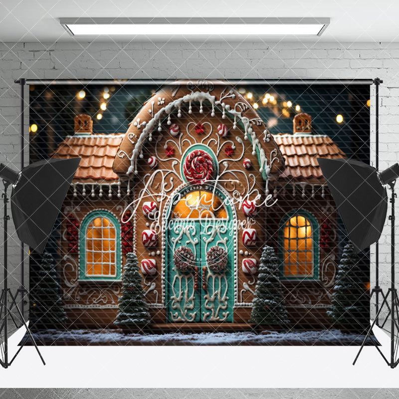 Aperturee - Aperturee Bokeh Lights Gingerbread House Christmas Backdrop