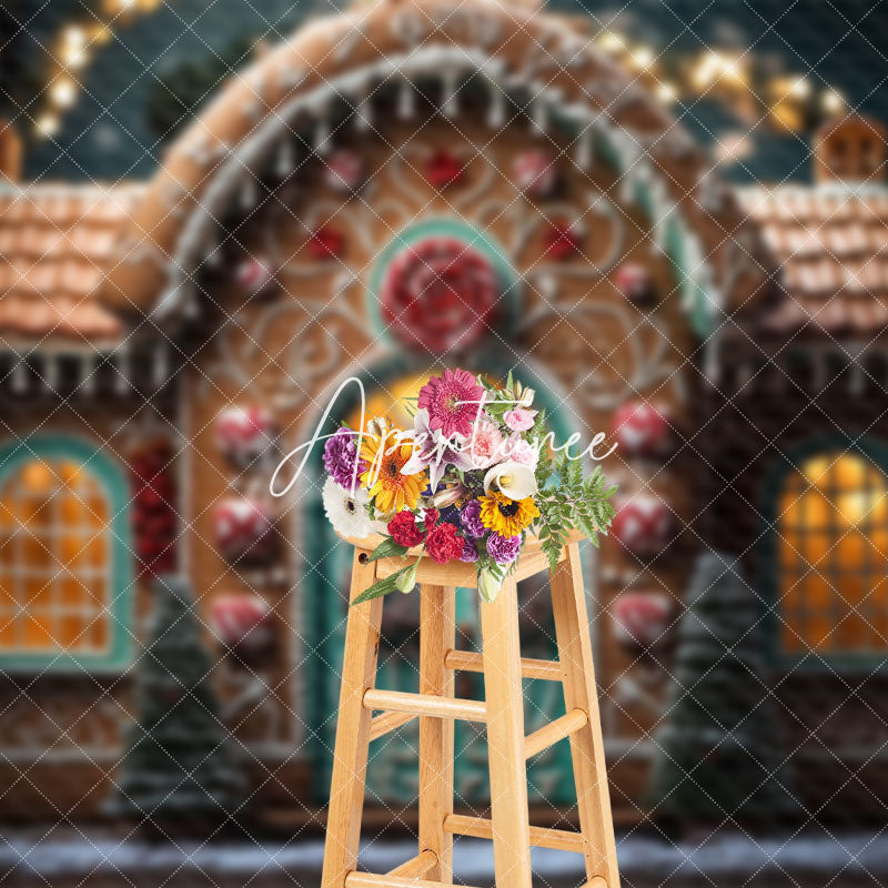 Aperturee - Aperturee Bokeh Lights Gingerbread House Christmas Backdrop