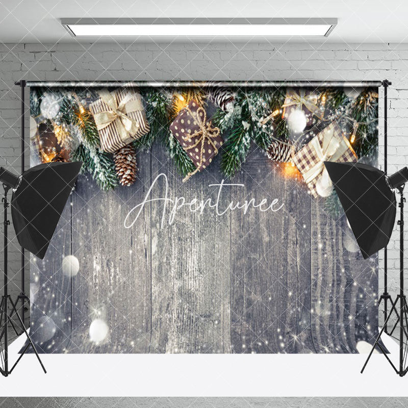 Aperturee - Aperturee Bokeh Snowy Pine Leavs Gifts Wood Christmas Backdrop