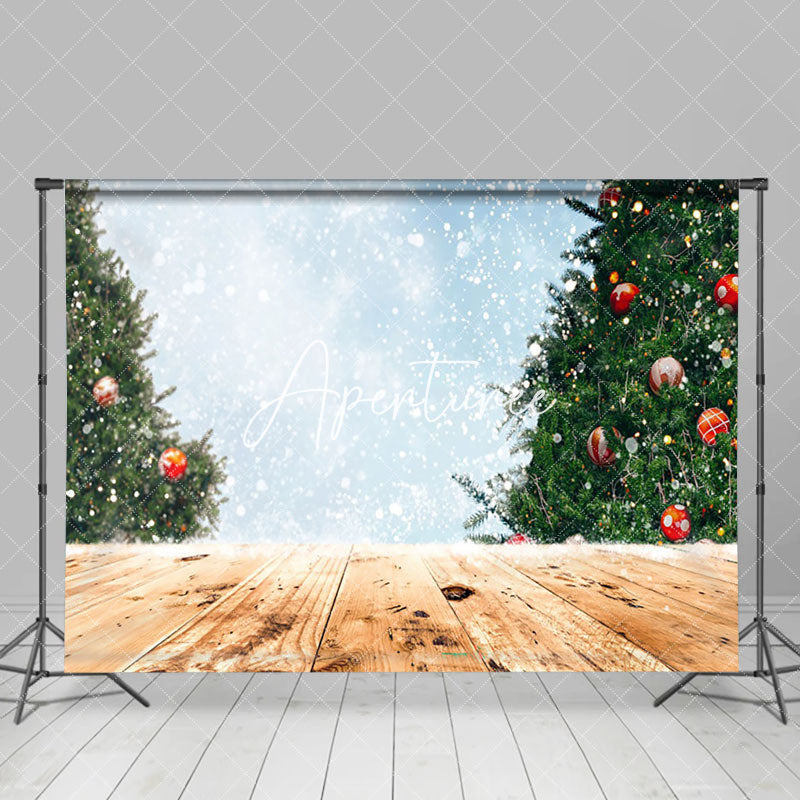 Aperturee - Aperturee Bokeh Snowy Wood Floor Christmas Tree Backdrop