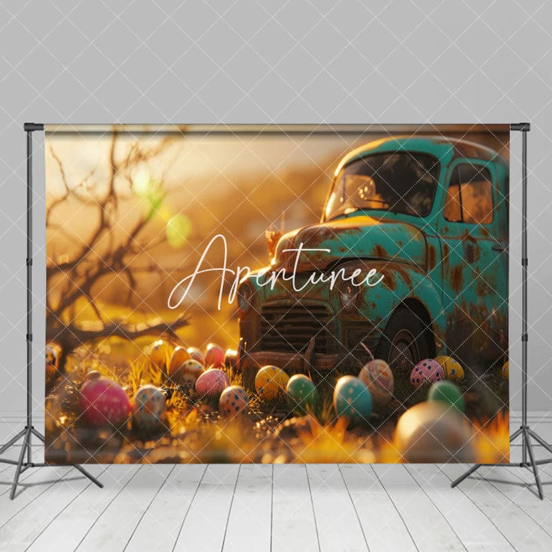 Aperturee - Aperturee Bokeh Sunset Retro Car Colorful Eggs Easter Backdrop